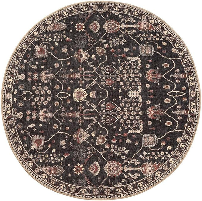 GLN Rugs Bohemian Collection - Machine Washable Area Rug, Bohemian Vintage, Non Slip, Low Pile Chenille Rug, Living Room, Bedroom, Bathroom Rug (5'3" Round Black)