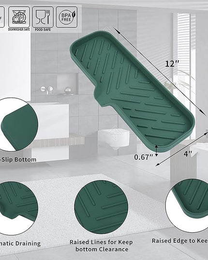 Silicone Bathroom Soap Dishes with Drain Spout-Bathroom and Kitchen Sink Organizer,Sponge Holder,Dish Soap Tray,Perfect for Dispenser,Scrubber,Bottle,Cup on Sink or Counter-Green 12"×4"