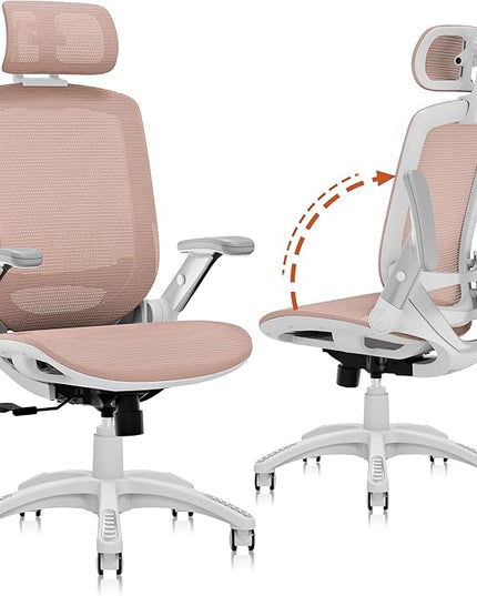 GABRYLLY Ergonomic Office Chair, High Back Home Desk Chair with Headrest, Flip-Up Arms, 90-120° Tilt Lock and Wide Cushion, 400LBS Mesh Chairs for Man Woman, White Task Chair(Pink,GY01WPK)