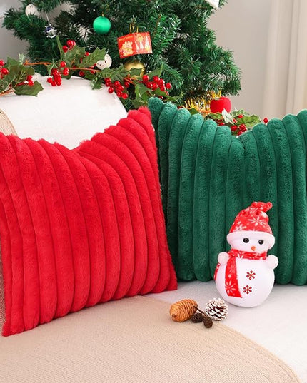 Pallene Faux Fur Plush Christmas Throw Pillow Covers 16x16 Set of 2, Luxury Soft Fluffy Striped Decorative Pillow Covers for Sofa, Couch, Living Room, Christmas Green