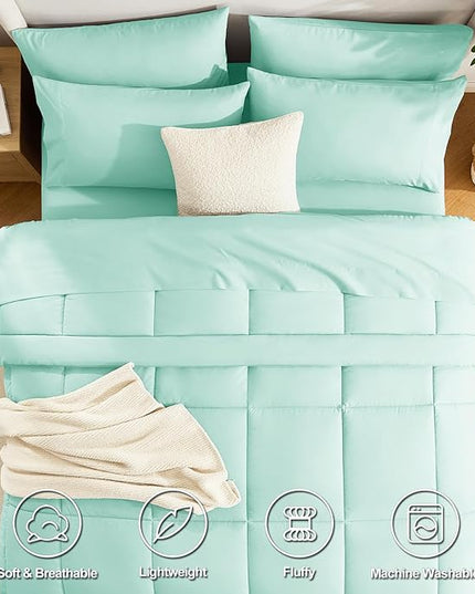 CozyLux Queen Comforter Set Mint Green, 7 Pieces Bed in a Bag, Green Comforter Queen Size, All Season Bedding Sets with Stitch Quilted Comforter, Flat Sheet, Fitted Sheet, Pillowcases