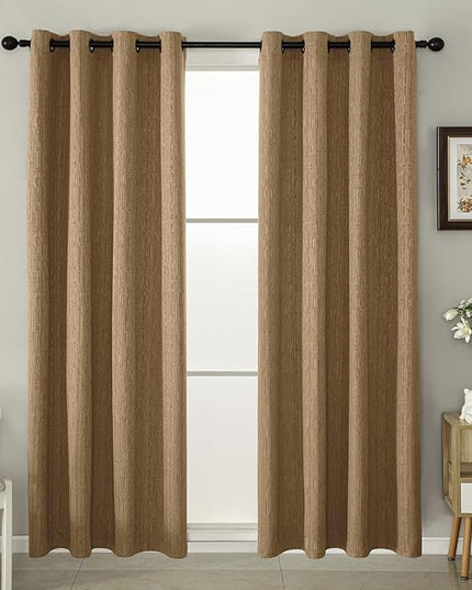 Jacquard Linen Curtains 96 inch Length 2 Panels Thick Faux Linen Blended Window Drapes Burlap Textured Curtains with Grommet for Living Room Bedroom Farmhouse (52x96 Light Coffee) Natural
