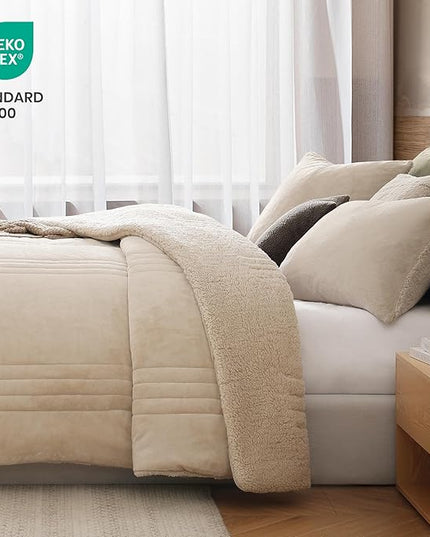 Monbix Fluffy Full Comforter Set Beige, Sherpa Plush Fuzzy Comforter 3 Piece for Full Size Bed, Luxury Soft Winter Warm Bedding Set