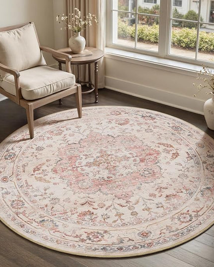 PADOOR-Vintage 6FT Round Rug-Rugs for Living Room-Soft Pink Circle Rug-Machine Washable Rugs for Bedroom-Non Slip Carpet-Rug for Dining Room Living Room Bedside Office