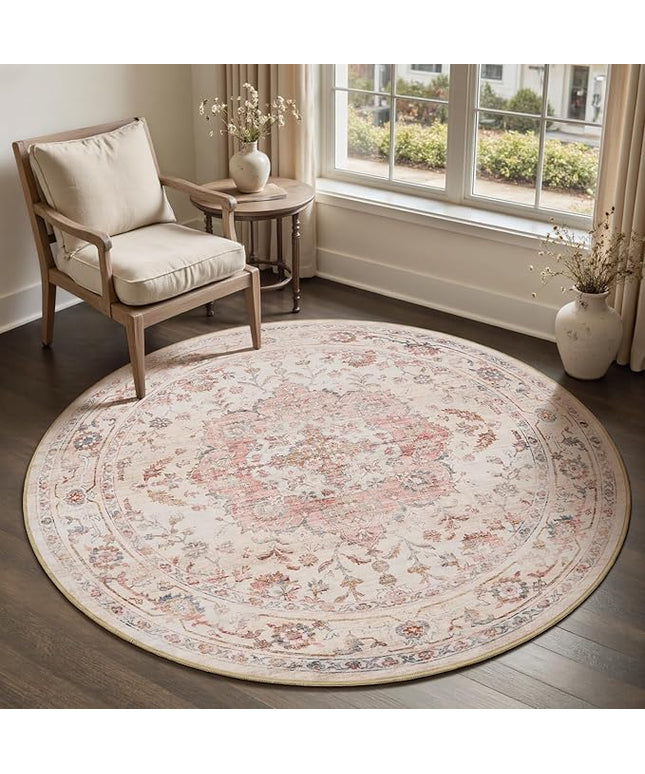 PADOOR-Vintage 6FT Round Rug-Rugs for Living Room-Soft Pink Circle Rug-Machine Washable Rugs for Bedroom-Non Slip Carpet-Rug for Dining Room Living Room Bedside Office