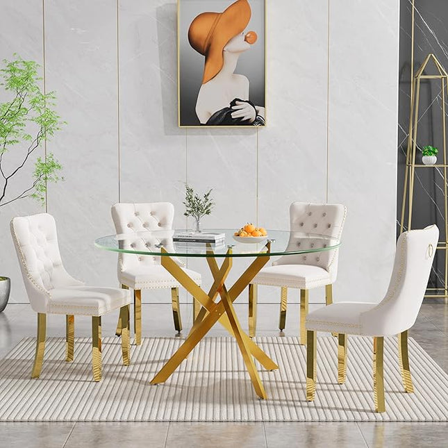 Round Glass Dining Table Set for 4, 47'' Clear Circular Kitchen Table and Chairs Set, 5PCS Modern Circle Dining Room Table Set with 4 Velvet Dining Chair for Home