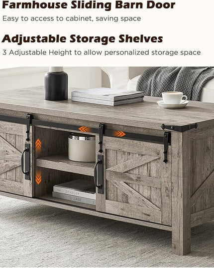 OKD 48" Farmhouse Lift Top Coffee Table with Sliding Barn Door, Rustic Center Table w/Hidden Storage Compartment, Lift Tabletop Dining Table w/Adjustable Shelf for Living Room,Light Rustic Oak