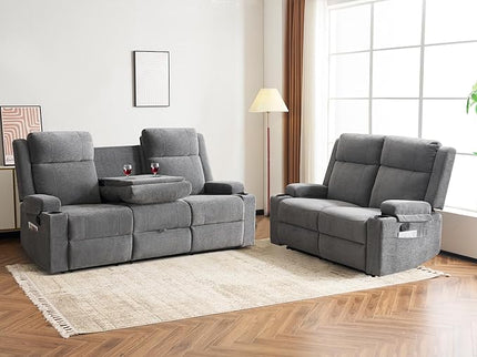 Manual Living Room Reclining Sofa Set, Comfy Chenille Loveseat Recliner Sofa & Deep Seat Reclining Couch, RV Wall Hugger Recliner Sofa Set for Living Room Furniture Sets(Gray)
