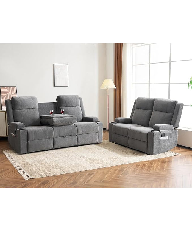 Manual Living Room Reclining Sofa Set, Comfy Chenille Loveseat Recliner Sofa & Deep Seat Reclining Couch, RV Wall Hugger Recliner Sofa Set for Living Room Furniture Sets(Gray)