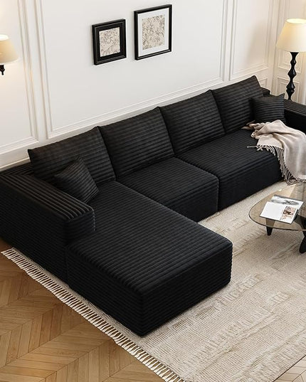135.4" Cloud Modular Sectional Sofa Couch with L-Shape Chaise,Modern Minimalist Upholstered Couches for Living Room Bedroom,Deep Seat Corner Couch，No Assembly Required (Black,Left Facing Chaise)