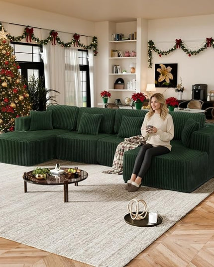 132" U Shaped Boneless Couch, Cloud Sectional Modular Sofa with Double Chaise Lounge, Corduroy Cloud Couch with Pillows & Deep Seat, Boneless Sofa for Living Room, Green