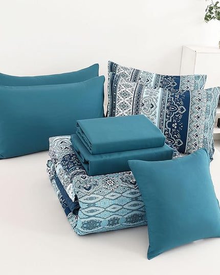 Cottolester Boho Comforter Set California King Size 8 Pieces, Teal Blue Comforter Bohemian Striped Bed in A Bag, Soft Microfiber Bedding Set for All Seasons