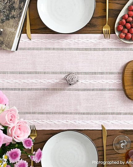 Artoid Mode Pink Rustic Cotton Linen Table Runner, Seasonal Embroidered Hollow Kitchen Dining Table Decoration for Home Party Decor 13x90 Inch