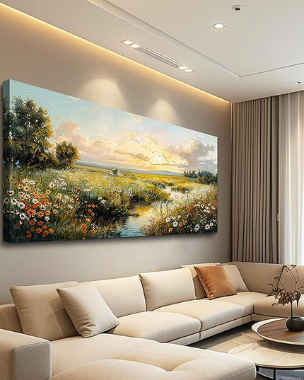 XIGUANGART Rustic Landscape Wall Art Canvas Prints Nature River Meadow flowers Wall Decor Sunset Pastoral Abstract Pictures Modern Artwork for Living Room Bedroom Kitchen Office Large Home Decorations
