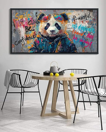 JEAWA Large Canvas Framed Wall Art, Panda Abstract Graffiti Street Art Pop Wall Picture Black and White Paintings Ready to Hang Living Room Bedroom Study Home Office Inspirational Decor 29x58 IN