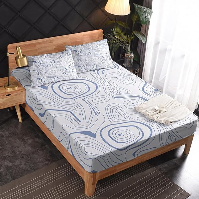 Abstract Sheets California King Size & Bedroom Decor - Abstract Decor, Blue and White Bed Sheets, Soft Breathable Microfiber Deep Pocket Patterned Bedding Sheets & Pillowcases