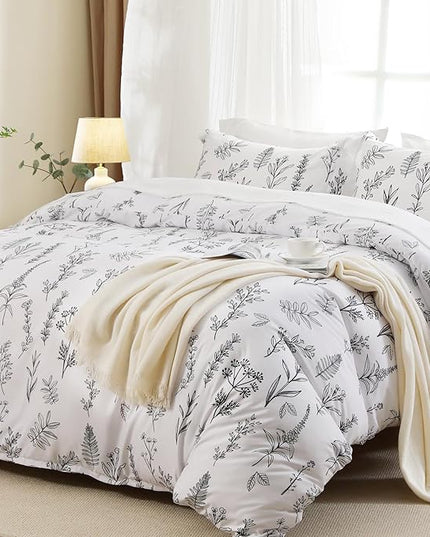 MUXHOMO White Full Comforter Set, Elegant Floral Print Bed in a Bag 7 Pieces, Ultra Soft & Breathable Reversible Botanical Pattern Bedding Set with Comforter, Sheets, Pillowcases, and Shams