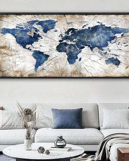 World Map Canvas Wall Art Navy World Maps for Wall Vintage Modern Wall Art for Office Framed Pictures for Living Room Bedroom Wall Decoration for Home Office Decor Artwork for Walls