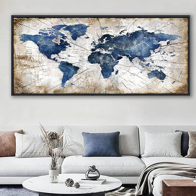 World Map Canvas Wall Art Navy World Maps for Wall Vintage Modern Wall Art for Office Framed Pictures for Living Room Bedroom Wall Decoration for Home Office Decor Artwork for Walls
