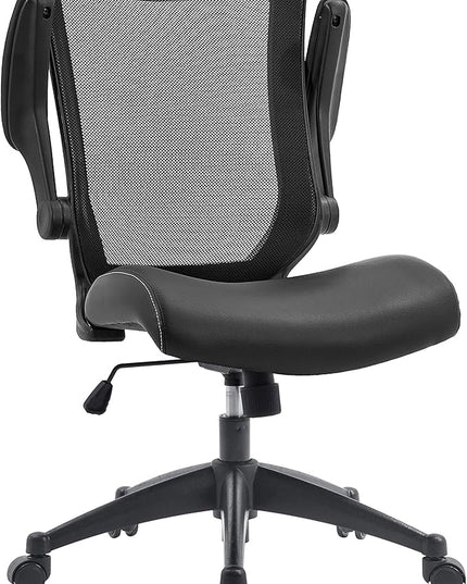 OfficeFactor Office Desk Chair, 300 lb Capacity Adjustable Desk Chair, Flip-Up Armrests, Non-Scratch Wheels, Mesh Back, Comfortable Bonded Leather seat (Black)