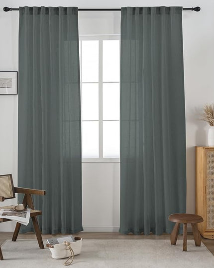 DUALIFE Grey Linen Semi Sheer Window Curtain 84 Inch Length Panels Drapes for Living Room Boho Rod Pocket Back Tab Long Curtains Set 2 for Farmhouse Decor Bedroom, 52 x 84 Gray