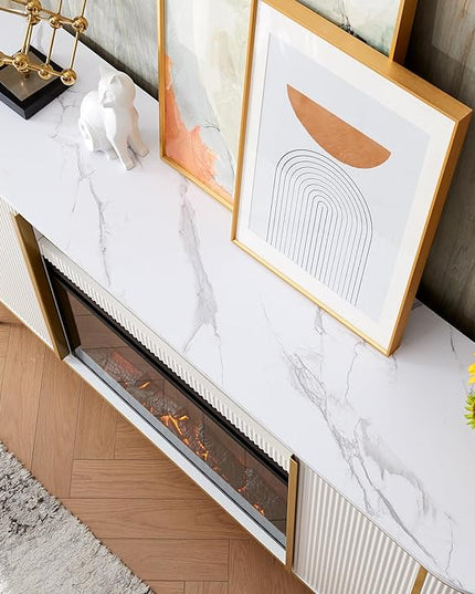 OKD Luxury 70" Fluted Fireplace TV Stand, Modern Chic Entertainment Center for TVs Up to 80 inches, TV Console with Faux Marble Top, Curved Profile Design, Media Console for Living Room, Off White