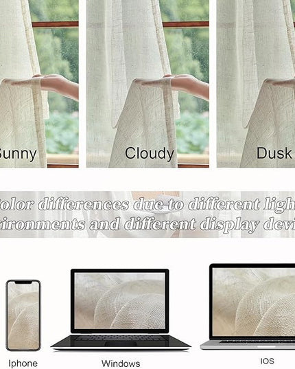 Natural Linen Blend Back Tab Sheer Curtains 90 Inches Long for Living Room 2 Panels Rod Pocket Draperies Light Filtering Semi Sheer Cream Beige Curtains for Bedroom Farmhouse Decor Ivory 42x90 Length