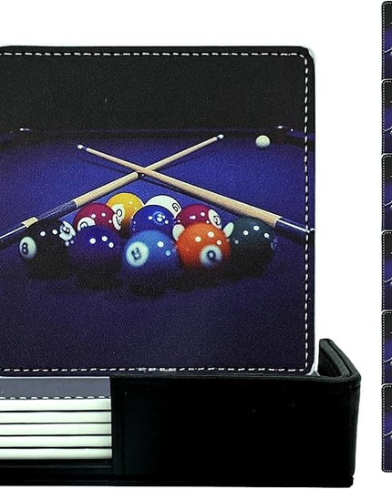 Marble Coasters Square Leather Drinks Coaster Set with Holder for Coffee Table Bar Home Decor 4 Inches Set of 6 (Billiards, One Size)