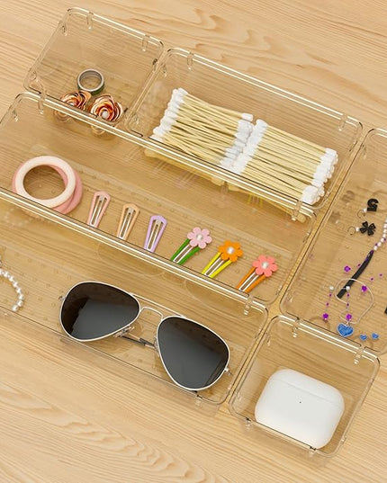 WOWBOX 9 Pack Clear Drawer Organizer Set, Acrylic Drawer Storage Trays, Storage Bins for Makeup, Cosmetics, Jewelries, Utensils, Gadgets, Office, Champagne