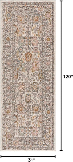 BoutiqueRugs Herstmonceux Boho Vintage Colorful Runner Rug - Farmhouse Traditional Floral Pink Carpet for Hallway, Kitchen - Cream, Green, Sage, Red, Gray, Taupe, Coral - 2'7" x 10' Runner