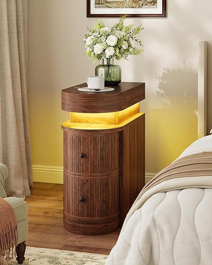 Nightstand with LED Lights, Narrow Nightstand with 3 Drawers, Curved Edge Sliding Top Storage Space for Bedroom, Living Room