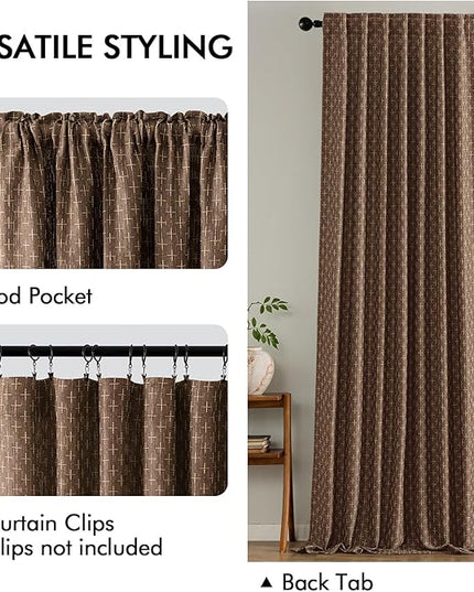 MIULEE Decorative Back Tab Linen Curtains with Geometric Pattern for Living Room Bedroom Farmhouse Rustic Thick Woven Textured Patterned Mudcloth Drapes 96 Inches Long 2 Panels Set, Dark Coffee