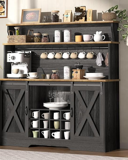 55'' Farmhouse Coffee Bar Cabinet with 3 Tier Storage Hutch, Coffee Bar Station with Sliding Barn Door, Hutch Storage Cabinet with 12 Wine Racks & 9 Hooks for Kitchen Dining Living Room