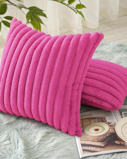 decorUhome Faux Fur Spring Throw Pillow Covers 22x22 Set of 2, Decorative Soft Plush Striped Neutral Couch Euro Pillow Covers with Velvet Back for Sofa, Bed, Living Room Home Decor, Hot Pink