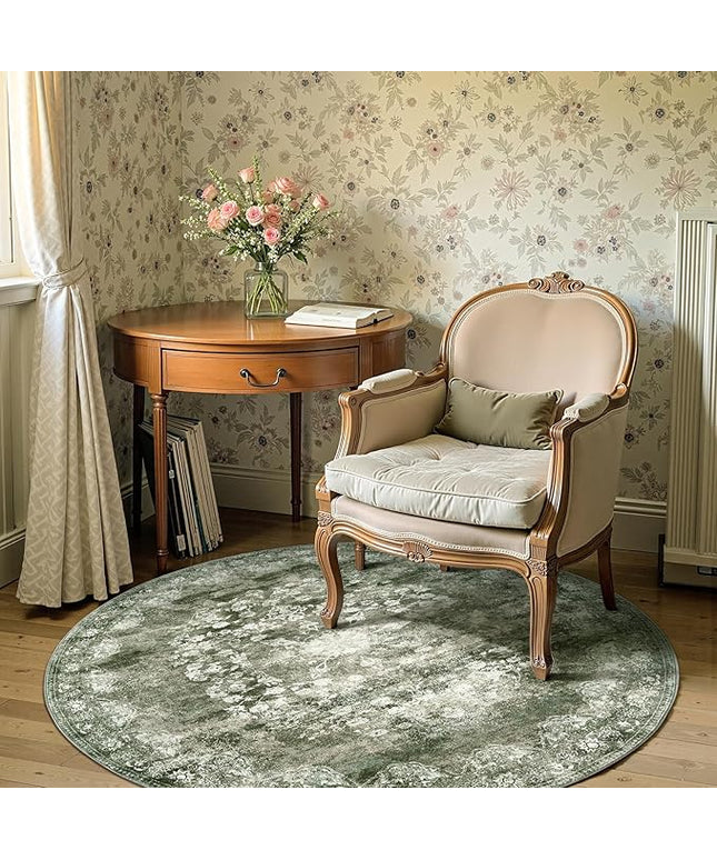 jinchan Round Rug 5ft Area Rug - Green Vintage Floor Mat Kitchen Indoor - Washable Circle 5' Thin Floral Print Christmas Carpet Retro Farmhouse Non Slip Dining Room Living Room Bedroom Office