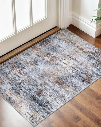 IOHOUZE Small Abstract Area Rug 2x3 Ft Entryway Rugs Washable Door Mat Indoor Entrance, Rubber Backed Throw Rugs, Printed Faux Wool Non Slip Floor Carpet for Foyer Front Door Sink, Orange Grey