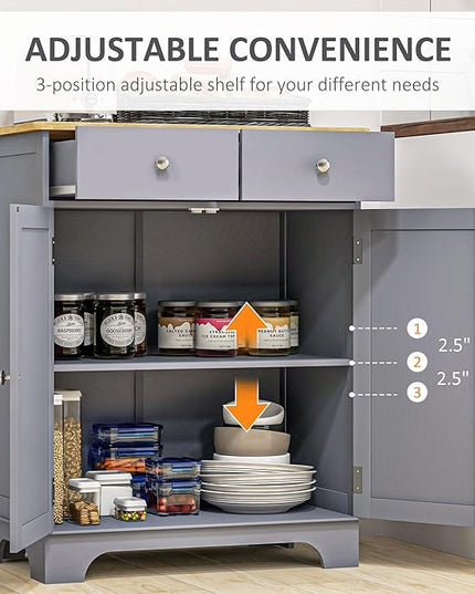 HOMCOM Sideboard with Solid Wood Countertop, Modern Kitchen Storage Cabinet, Coffee Bar Cabinet with 2 Drawers, Doors and Adjustable Shelf, Gray