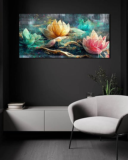 Lotus Flower Wall Art for Living Room, Floral Canvas Picture Print for Bedroom, Vintage Artwork Decor for Home, Stretched and Framed Ready to Hang, Size 48x24 Inches