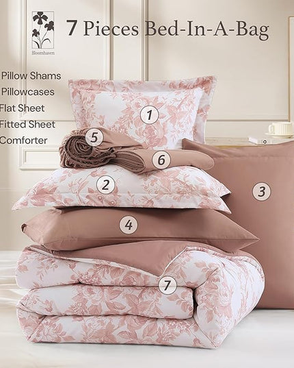 Full Comforter Set -7 Pieces Pink Floral Comforter Set for All Seasons, Bed in a Bag Full with Botanical Flowers Comforter, Sheets, Pillowcases & Shams