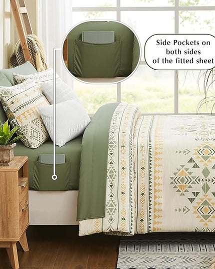 Geniospin Queen Comforter Set - 7 Pieces Reversible Bedding Set, Boho Bed in A Bag, Lightweight Soft Aztec Bedding, All Season Bed Comforter Set with Sheets, Pillowcases & Shams