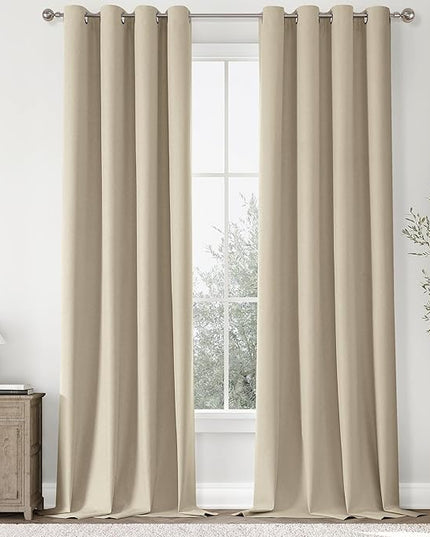 ChrisDowa 100% Blackout Natural Solid Solid Curtains 96 Inches Long 2 Panels for Bedroom Living Room,Farmhouse Room Darkening Thermal Insulated Soundproof Grommet Top Window Treatment Drapes,52x96