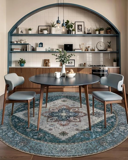 Ciicool Boho Circle Area Rug Washable 6x6ft Round Bedroom Rug Non-Slip Oriental Throw Rug Low-Pile Floor Carpet for Dining Room Living Room