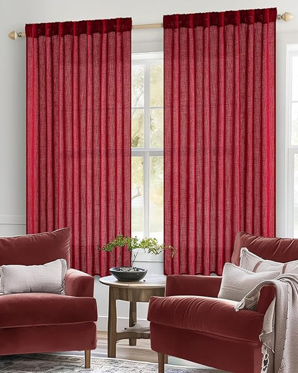 MIULEE Burgundy Red Short Curtains 63 Inch Length 2 Panels for Kitchen Bedroom, Christmas Soft Thick Linen Textured Living Room Window Drapes Semi Sheer Light Filtering Back Tab Burlap Look Decor