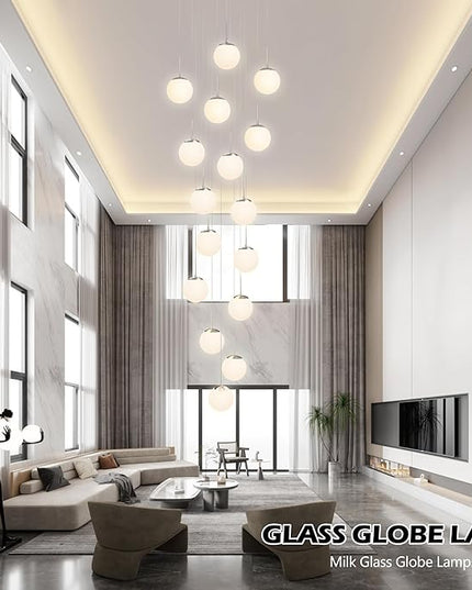 KoKo&Yukina 16-Light Nickel Mid Century Modern Chandelier for Living Room Staircase Chandelier for Entryway Globe Milky White Glass Pendant Light High Ceiling Chandeliers Foyer (Bulb & Remote Incl.)