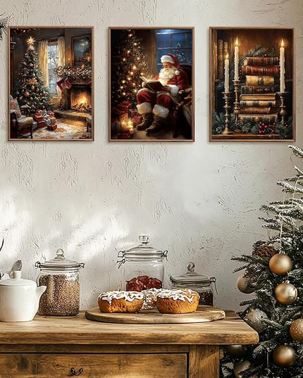 ANHUIB Christmas Canvas Wall Art Vintage Christmas Wall Decor Satan Claus Paintings X Man Artwork 12x16 Inches Set of 3 for Living Room Bedroom