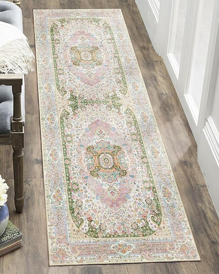 Washable Runner Rug 2x6,Pink Rug Runners Non Slip,Long Boho Rugs for Hallways Kitchen Bedroom Entryway Living Room Bathroom,Vintage Bohemian Distressed Floor Carpet,Blush Green