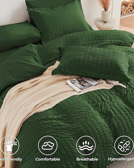 HYMOKEGE Dark Green King Size Comforter Set Seersucker 7 Pieces, All Season Luxury Bed in a Bag for Bedroom, Bedding Set with Comforters, Sheets, Pillowcases & Shams