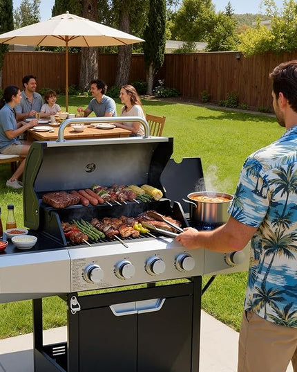 Upgraded 51,000 BTU Stainless Steel Burner Barbecue Grill, 4 Burner BBQ Propane Gas Grill with Side Burner, 452 sq.in Cooking Area with Porcelain for Patio, Camping, Outdoor Cooking