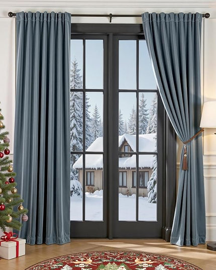 Lazzzy Blue Blackout Velvet Curtains 108 Inch Long Thermal Insulated Lined Curtain Drapes Luxury Back Tab Window Treatments for Bedroom Living Room 2 Panels, 52 x 108 Inch, Aegean Blue