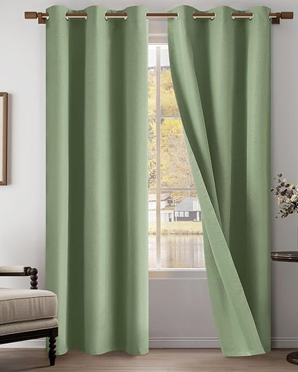 100% Blackout Linen Textured Curtains 84 Inch Length 2 Panels Set for Living Room, Bedroom, Light Weight Curtains with Grommets Top, Full Blackout Curtains Privacy Protection, Green, 37" W x 84" L